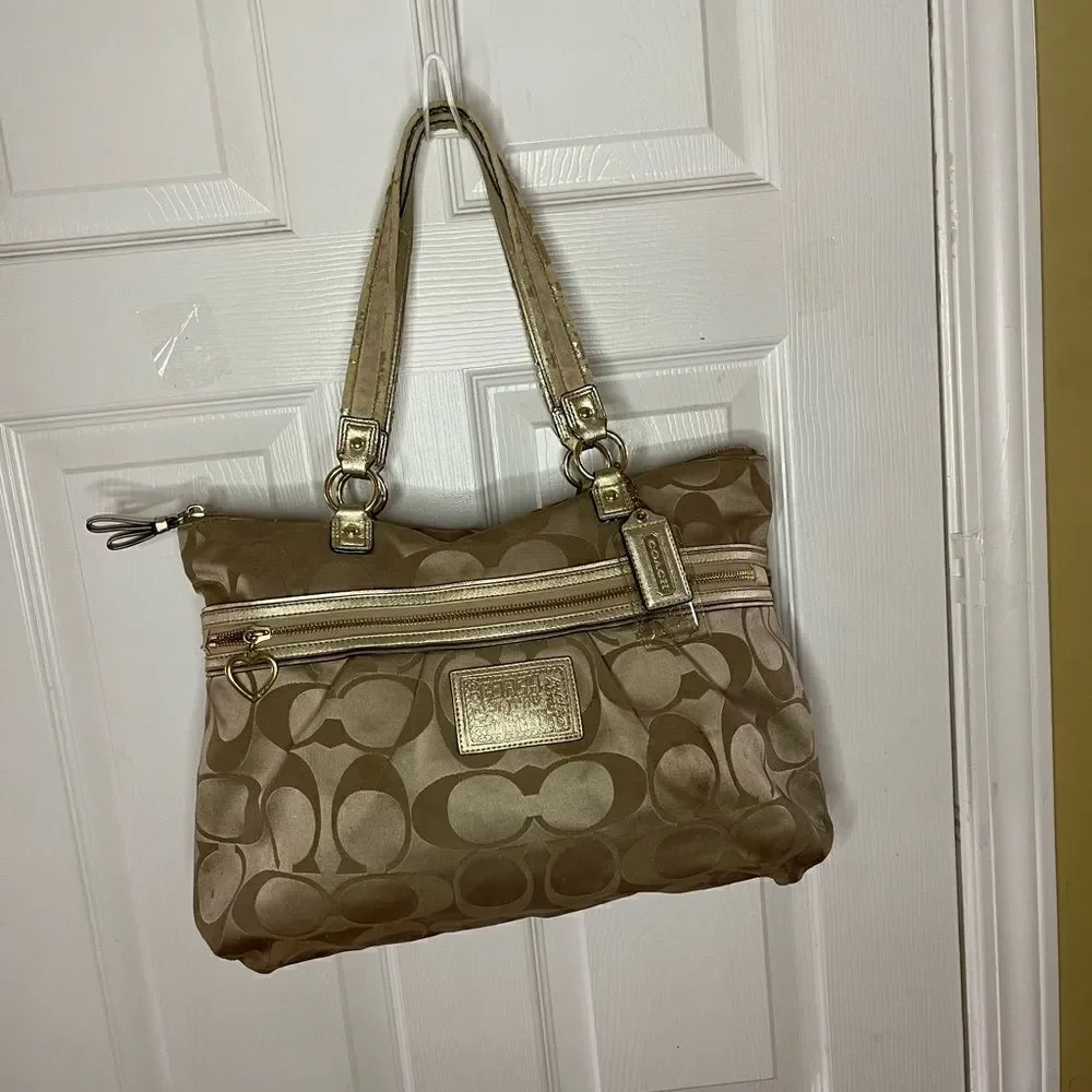 Coach large Tote Bag satin gold Signature F20026 metallic gold trim & Straps.